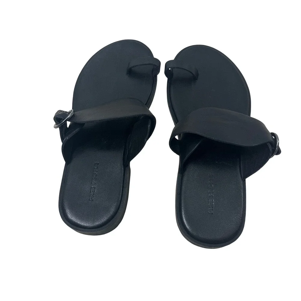 Free People Black Leather Toe‎ Loop Barcelona Buckle Slide Sandals Womens 6